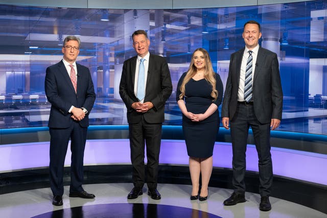 STV’s Political Editor Colin Mackay (left) with Murdo Fraser, Meghan Gallacher and Russell Findlay (STV/Kirsty Anderson/PA)