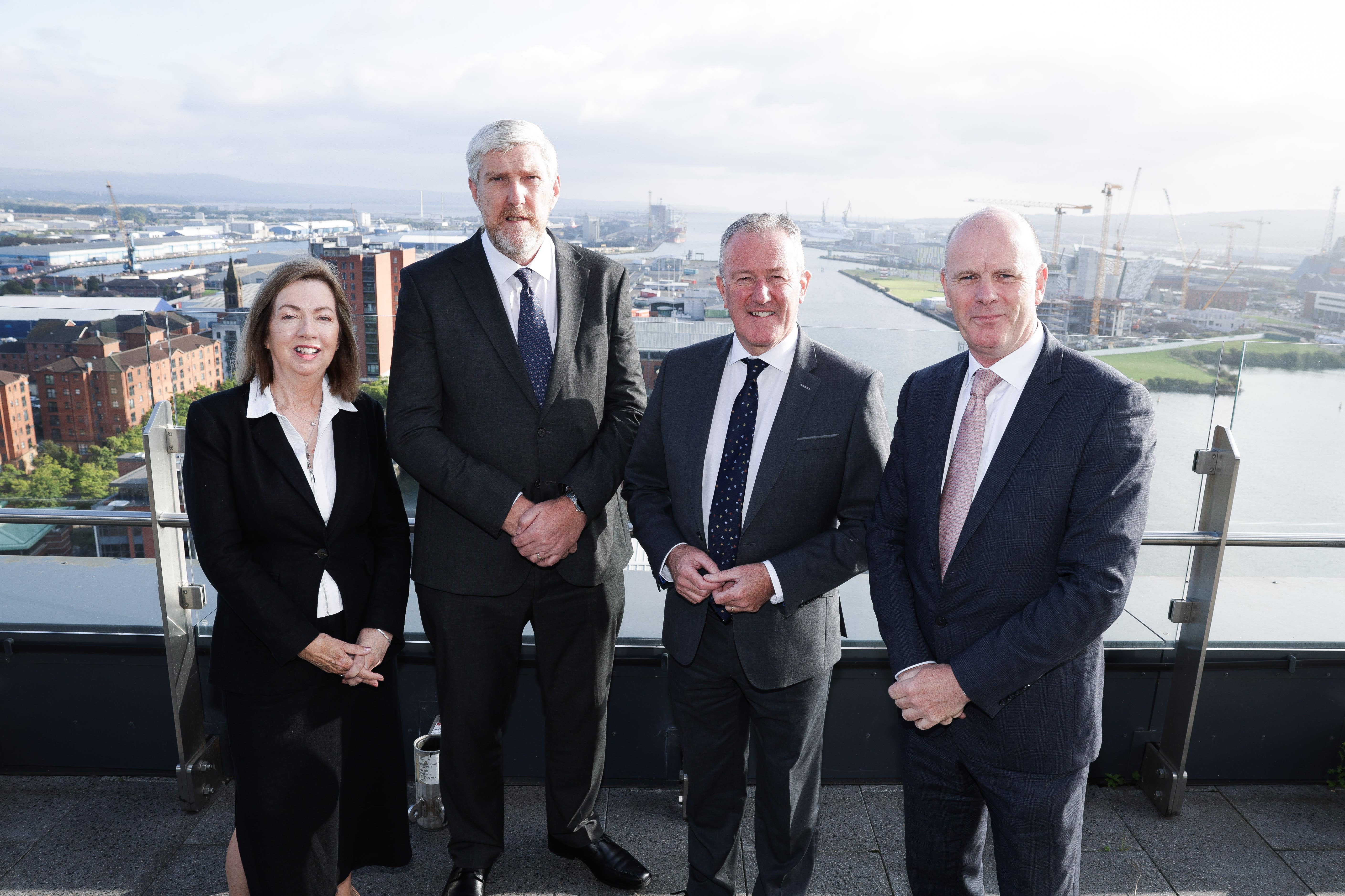 Belfast Harbour chairwoman Dr Theresa Donaldson, Infrastructure Minister John O’Dowd, Economy Minister Conor Murphy and Belfast Harbour chief executive Joe O’Neill (PressEye/PA)