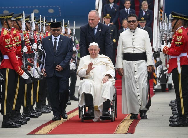 <p>Pope Francis arrives at the Jakarta airport in Tangerang, Indonesia, on 3 September 2024</p>