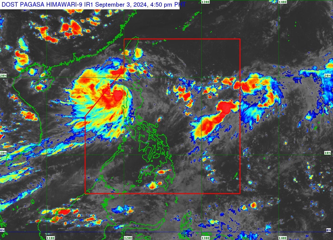 Infrared satellite image of Severe Tropical Storm Yagi moving away from the northern Philippines and southern China on Tuesday