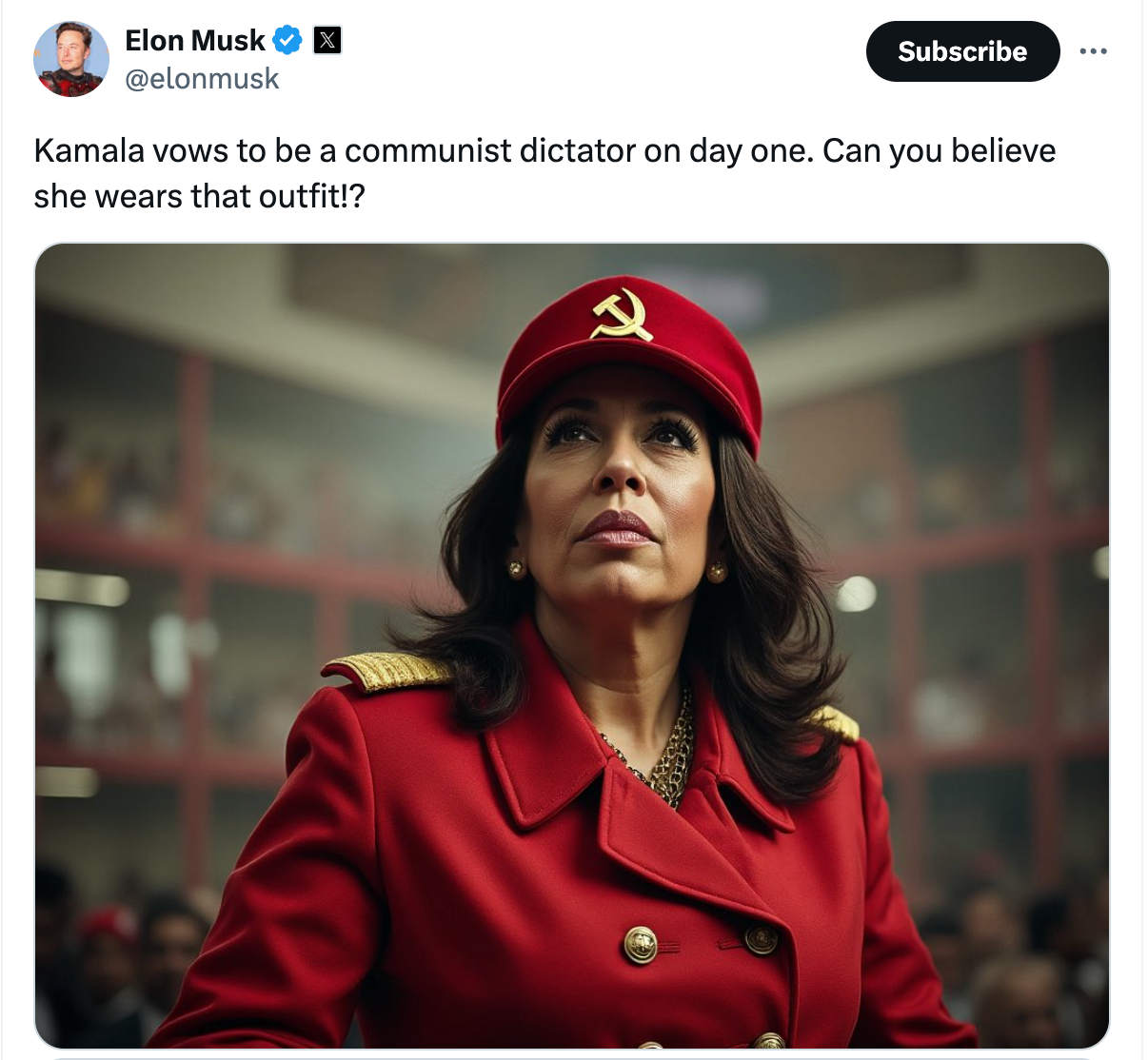 Elon Musk posted this AI image of Kamala Harris depicted as a communist leader