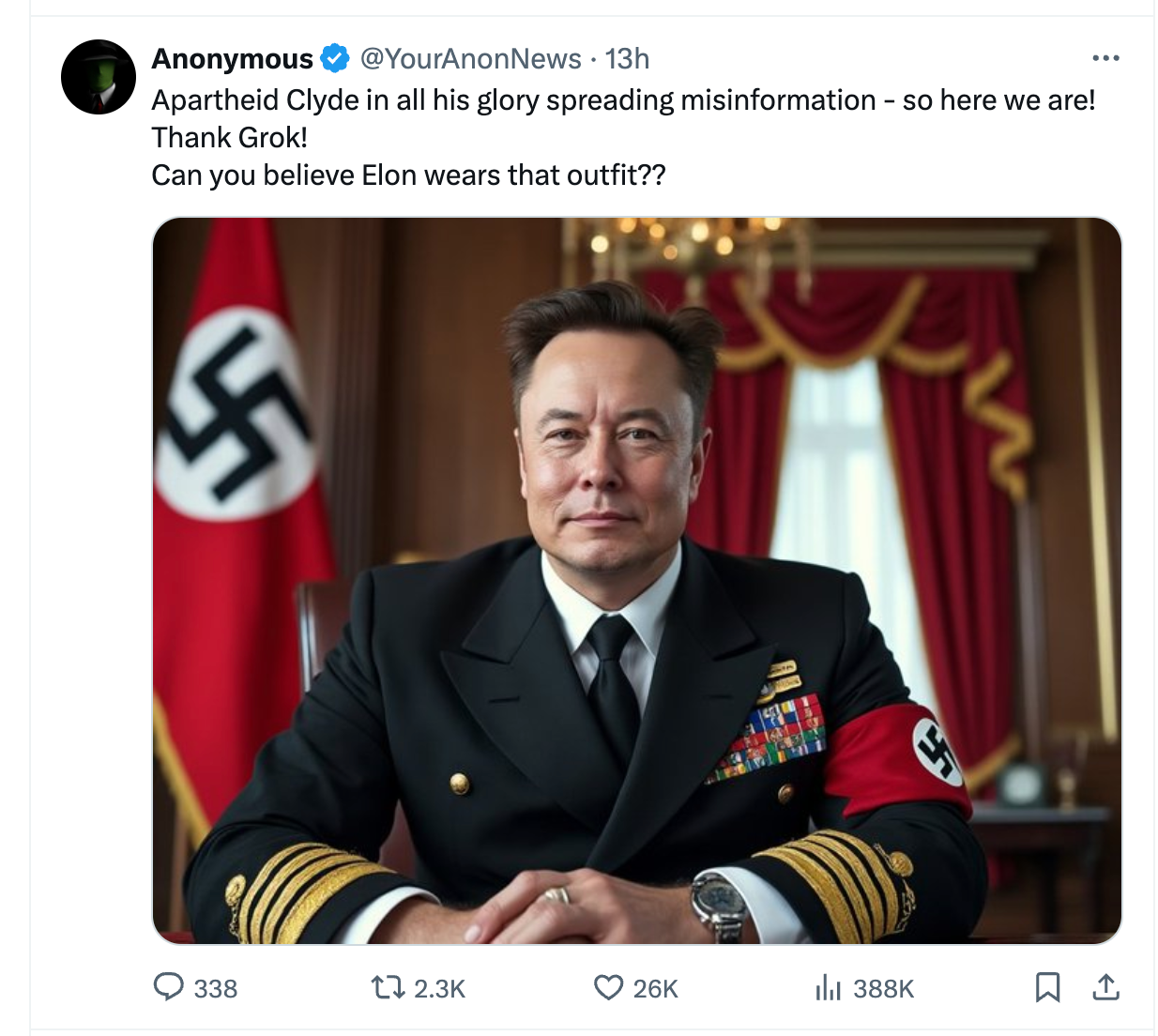 One account posted this AI image of Elon Musk in retaliation