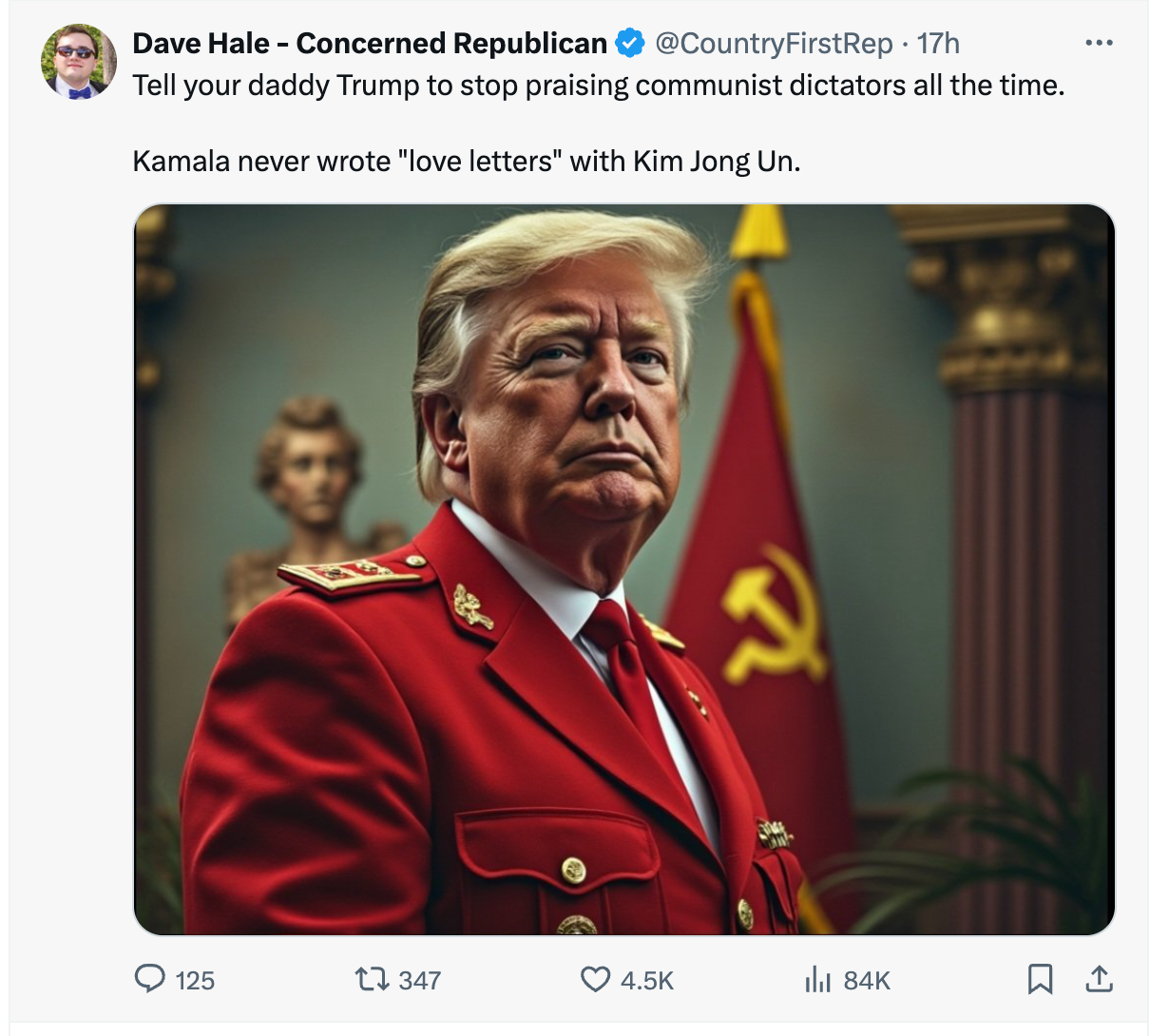 Another user posted this AI image of Donald Trump as a communist dictator in response