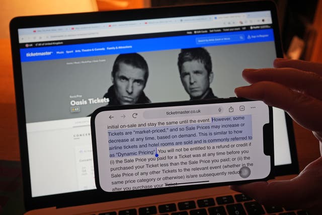 <p>A section of Ticketmaster’s purchase policy explaining ‘dynamic pricing’ (Yui Mok/PA)</p>