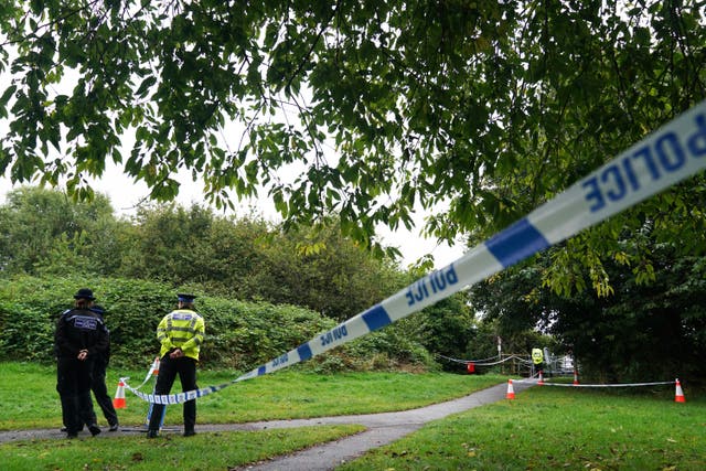 Police community support officers at the scene in Franklin Park, Leicester (Jacob King/PA)