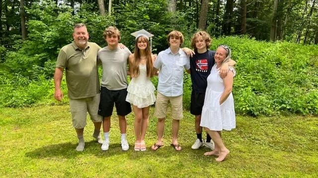 <p>Joe Casey, far left, and his family pose in front of a wooded area. Casey, 51, is fighting for his life after contracting multiple mosquito-borne viruses, including Eastern Equine Encephalitis, West Nile virus, and St. Louis Encephalitis.</p>