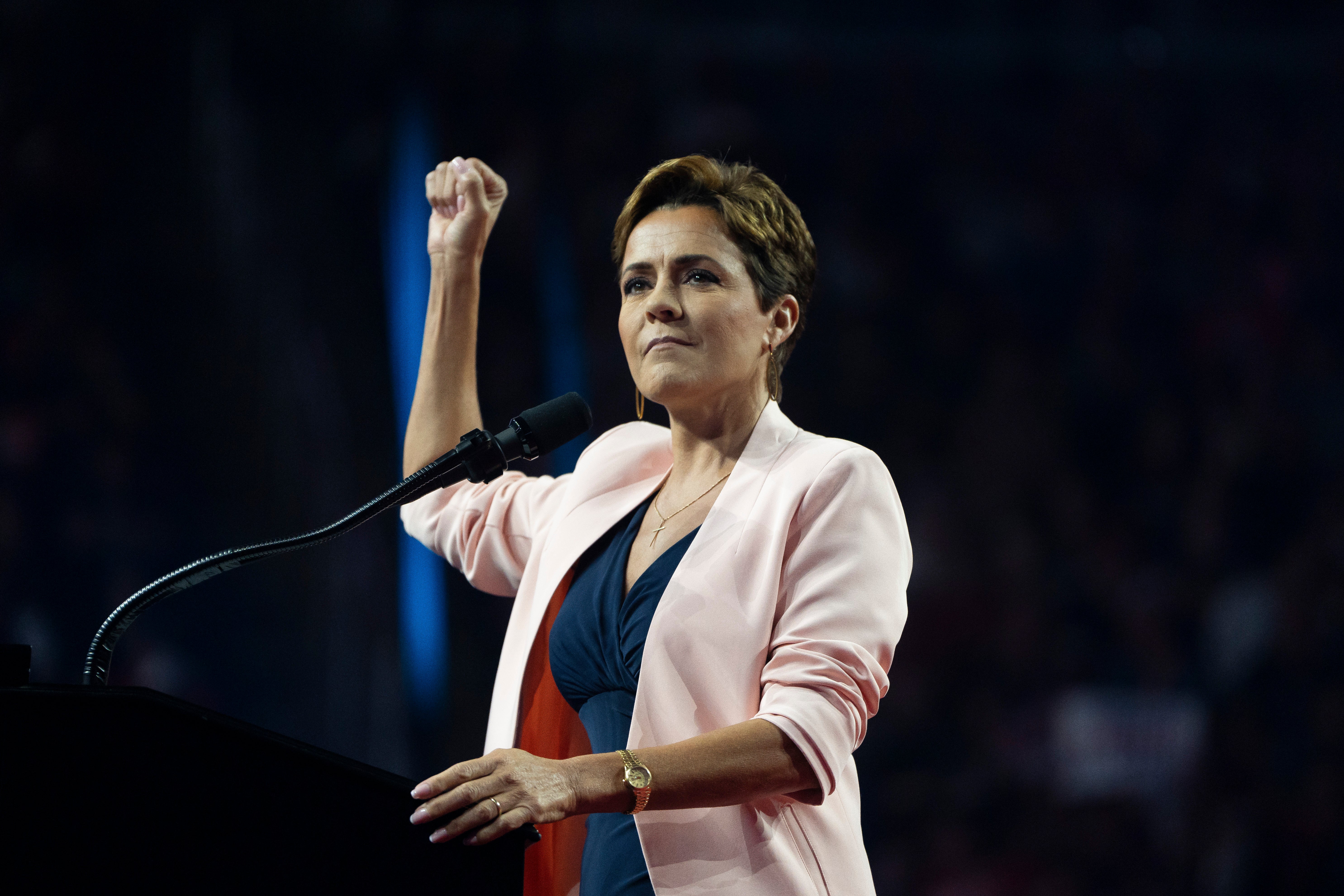 Arizona Republican U.S. Senate candidate Kari Lake speaks during a campaign rally for Republican presidential nominee, former U.S. President Donald Trump at Desert Diamond Arena on August 23, 2024 in Glendale, Arizona. She’s significantly behind her Democratic opponent Ruben Gallego in the money game