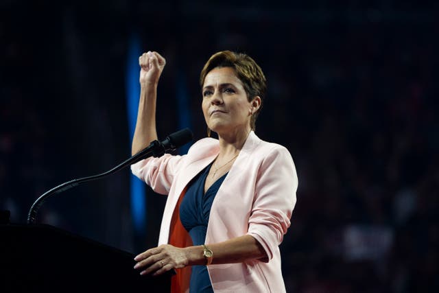 <p>Arizona Republican U.S. Senate candidate Kari Lake speaks during a campaign rally for Republican presidential nominee, former president Donald Trump at Desert Diamond Arena in Arizona </p>