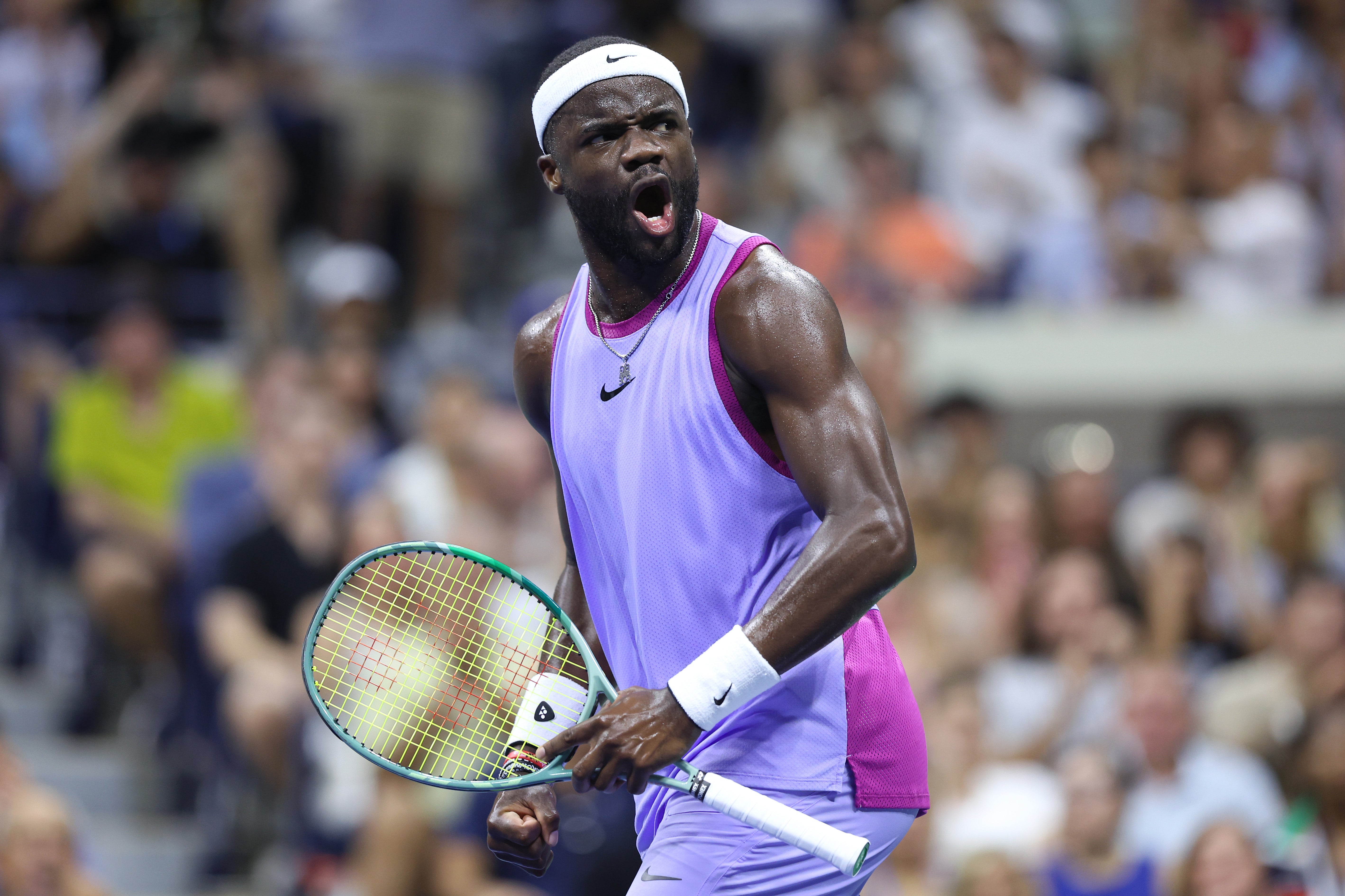 Frances Tiafoe of the United States reacts against Alexei Popyrin of Australia during their Men's Singles Fourth Round match of the US Open on September 1 in New York City