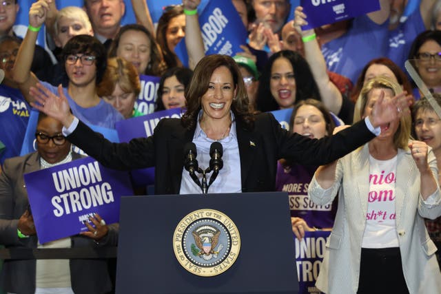 <p>Democratic presidential nominee, U.S. Vice President Kamala Harris speaks during a campaign event at IBEW Local Union #5 on September 02, 2024 in Pittsburgh, Pennsylvania.</p>