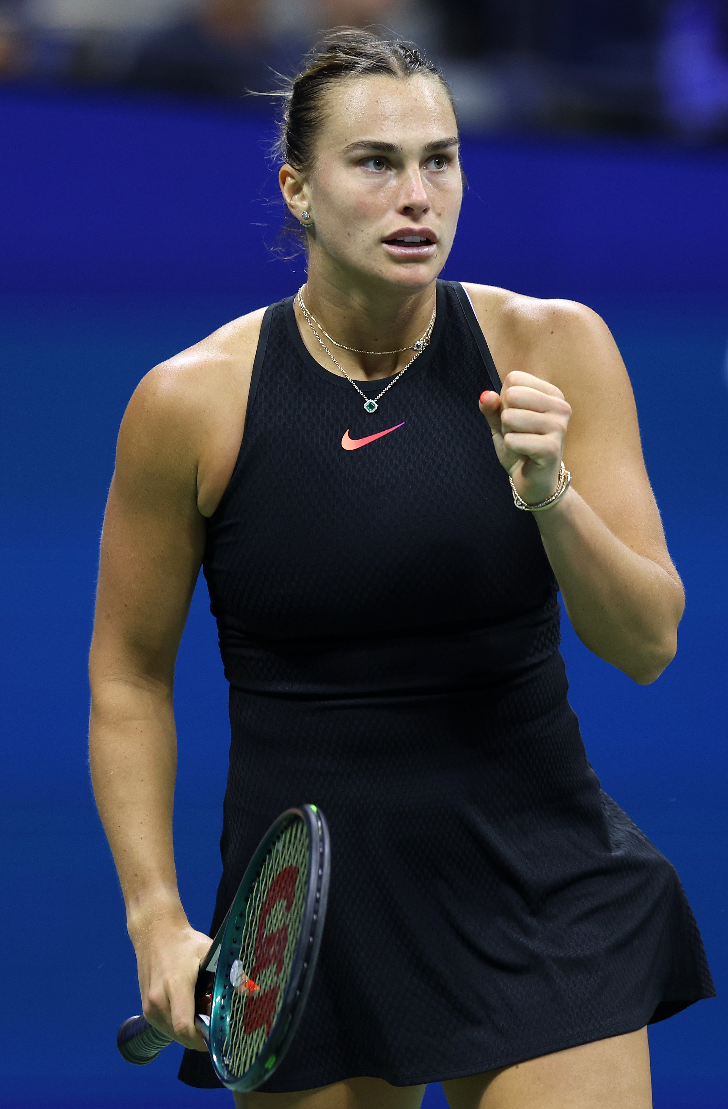 NEW YORK, NEW YORK - SEPTEMBER 03: Aryna Sabalenka of Belarus celebrates a point against Zheng Qinwen of China during their Women’s Singles Quarterfinal match on Day Nine of the 2024 US Open at USTA Billie Jean King National Tennis Center on September 03, 2024 in the Flushing neighborhood of the Queens borough of New York City. (Photo by Jamie Squire/Getty Images)