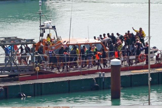 A group of people thought to be migrants are brought in to Dover, Kent, onboard the RNLI Dungeness Lifeboat following a small boat incident in the Channel. Picture date: Tuesday September 3, 2024.