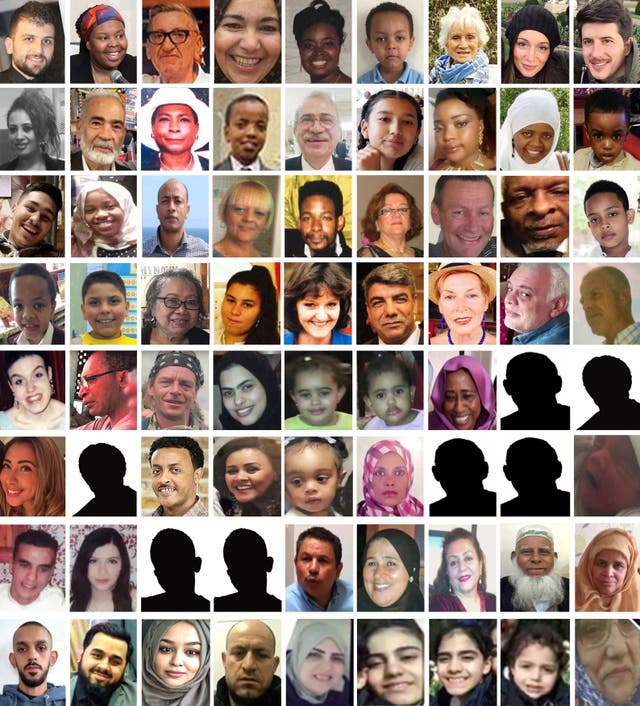 <p>The 72 victims of the Grenfell fire. Not all of the families have shared images (PA)</p>