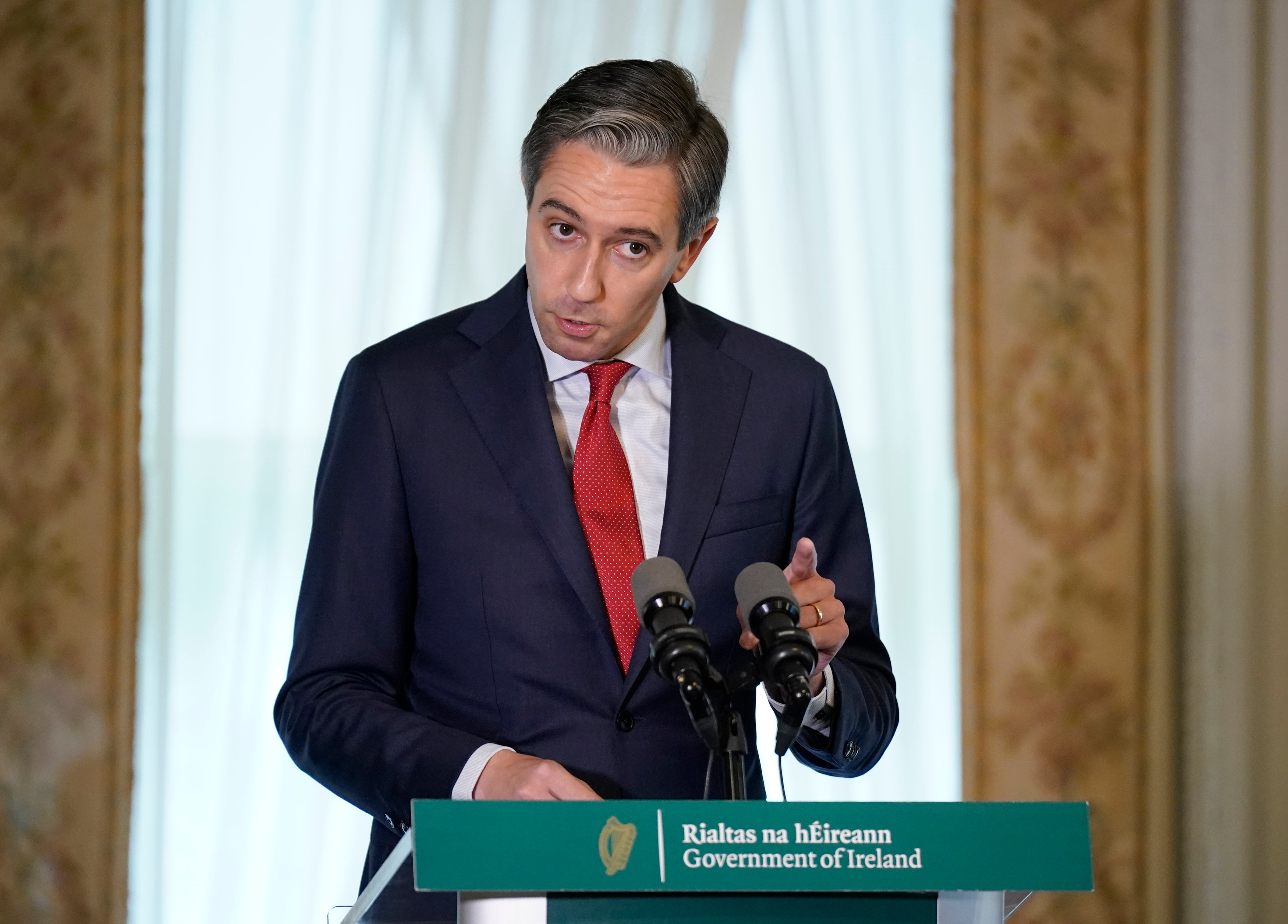 Taoiseach Simon Harris holding a joint press conference at Farmleigh House, Dublin