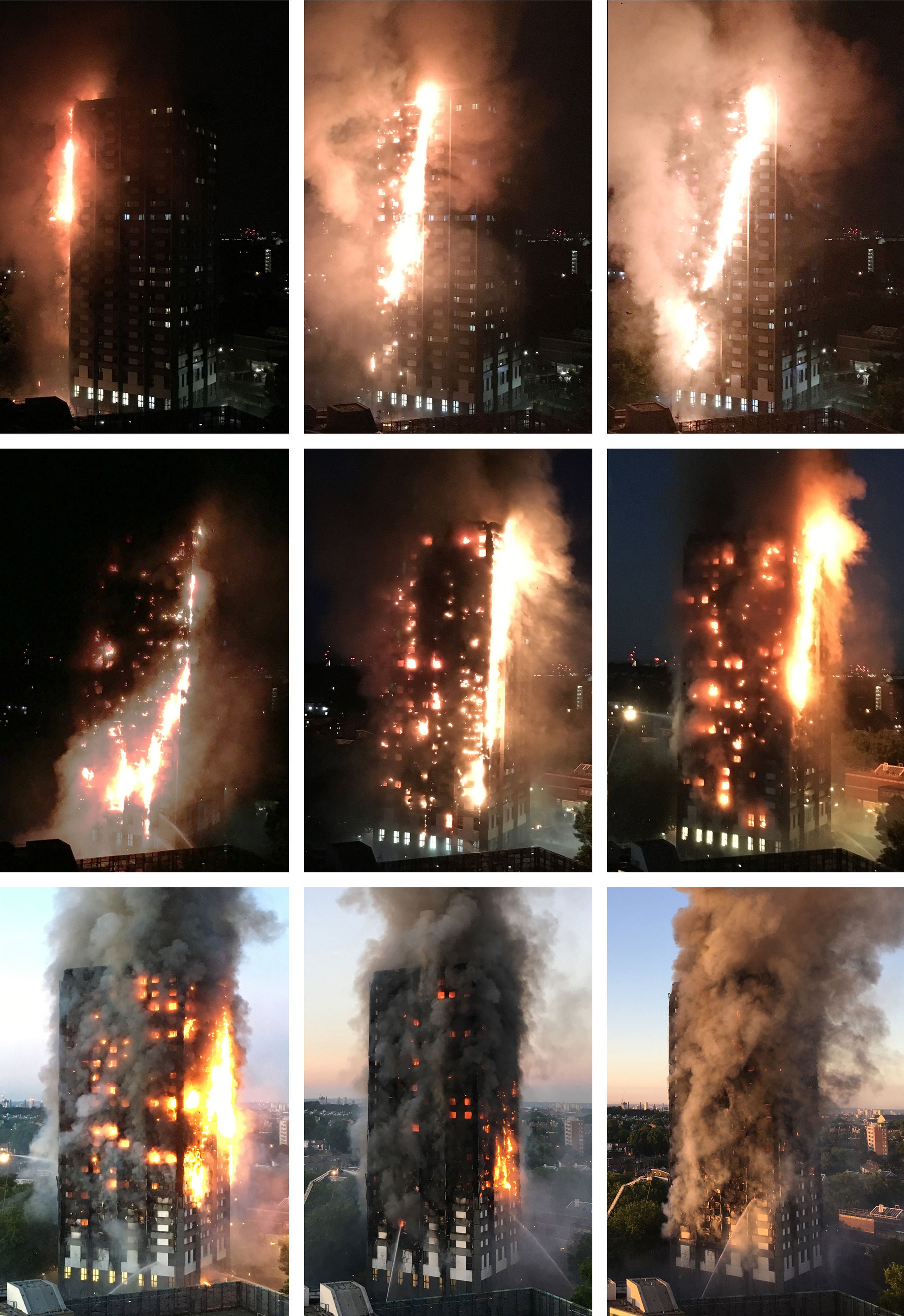 These pictures show how fire swept through Grenfell Tower, top from left: 0130, 0210, 0234; middle from left: 0308, 0323, 0344; bottom from left: 0420, 0443, 0516