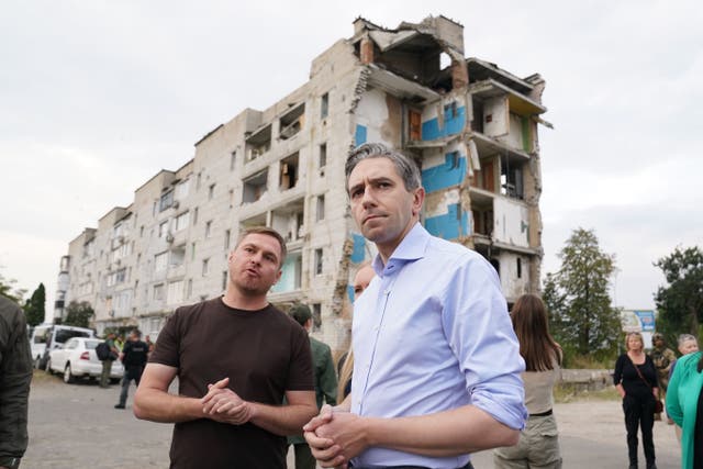 Irish premier Simon Harris paid tribute to the resilience of the Ukrainian people as he visited regions catastrophically damaged during the early stages of Russia’s invasion (Stefan Rousseau/PA)