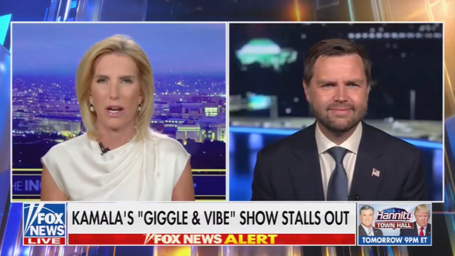 <p>Laura Ingraham (left) told JD Vance (right) on Tuesday that he is ‘really funny,’ despite what polls suggest </p>