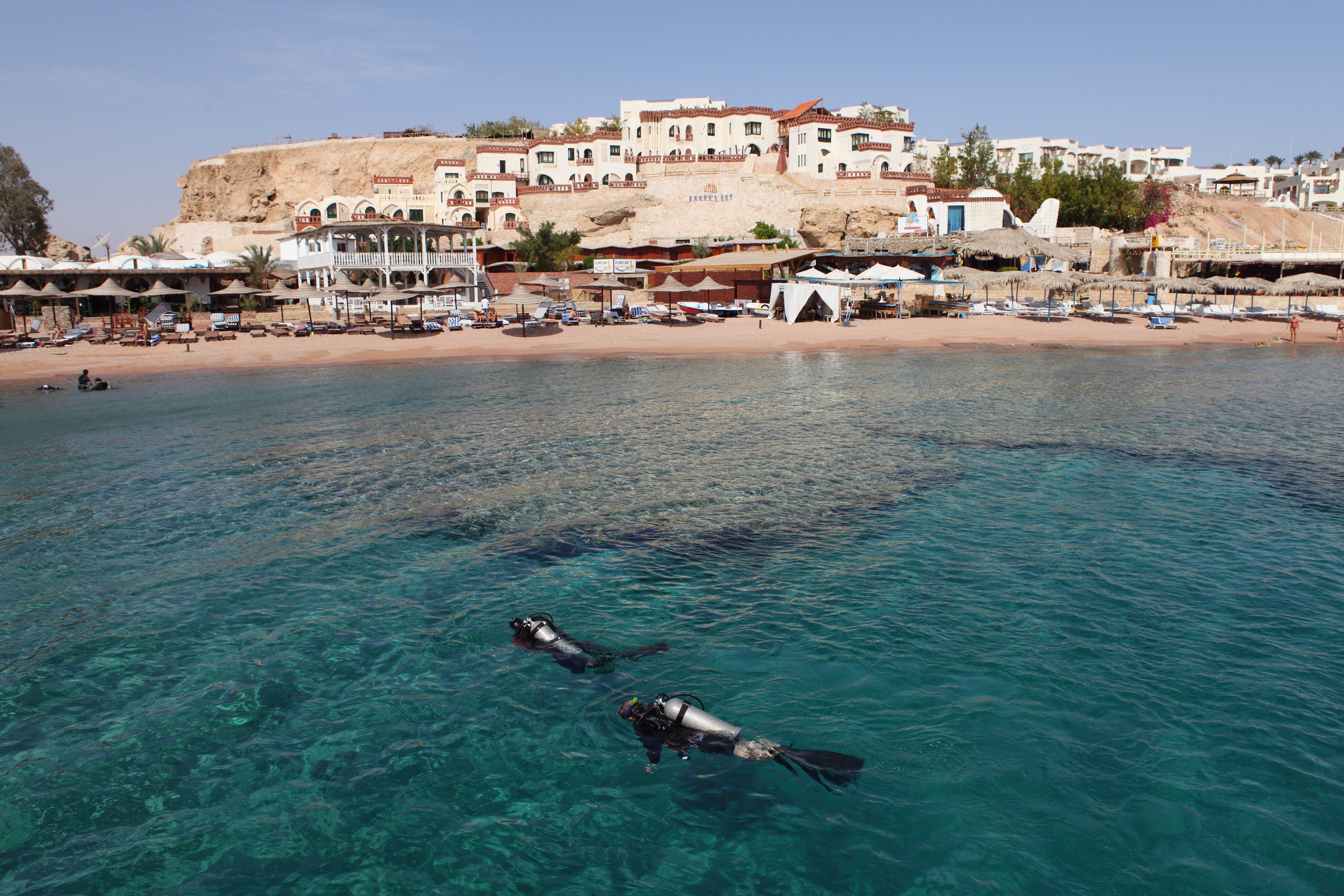 Mergulhadores aproveitam as águas cristalinas do Mar Vermelho em Sharks Bay