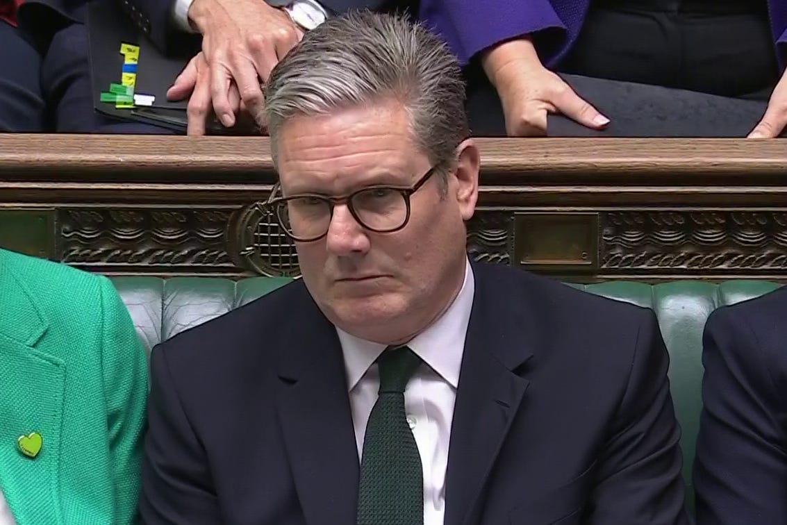 Deputy Prime Minister Angela Rayner, Prime Minister Sir Keir Starmer and Chancellor of the Exchequer Rachel Reeves listening as Conservative Party leader Rishi Sunak speaks during Prime Minister’s Questions in the House of Commons (House of Commons/UK Parliament/PA)