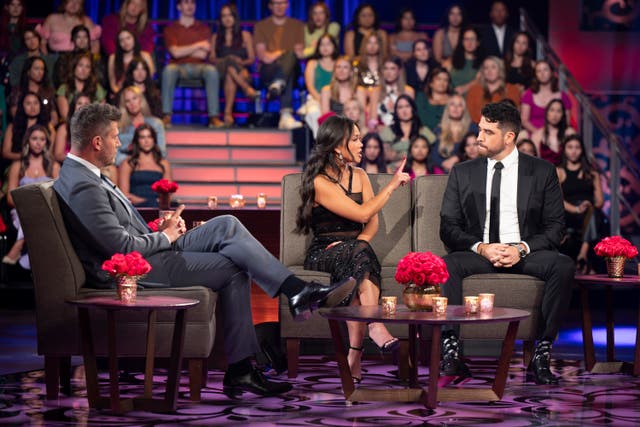 <p>Jesse Palmer, Jenn Tran and Devin Strader on ‘The Bachelorette’</p>