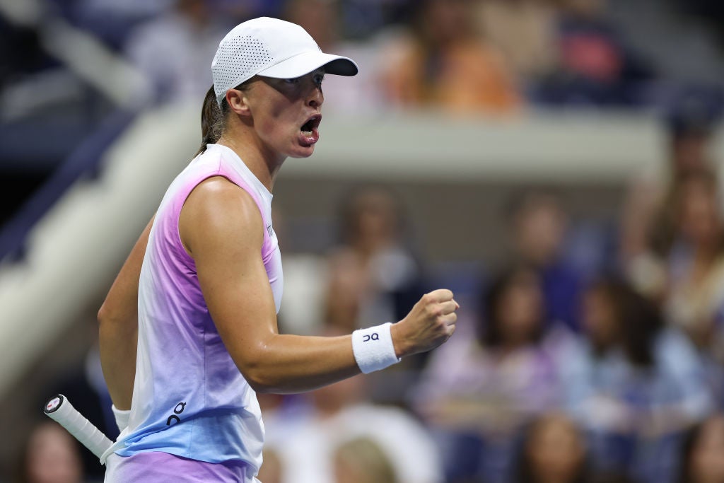 Poland's Iga Swiatek celebrates a point against Russia's Liudmila Samsonova during their women's fourth round match on day eight of the 2024 US Open at the USTA Billie Jean King National Tennis Center on September 2, 2024 in the Flushing neighborhood of the New York borough of Queens.