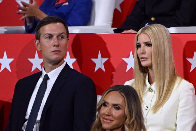 <p>Jared Kushner, son-in-law of former U.S. President Donald Trump, Ivanka Trump and Tiffany Trump, daughters of former U.S. President Donald Trump, look on during the fourth day of the Republican National Convention at the Fiserv Forum on July 18, 2024 in Milwaukee, Wisconsin</p>