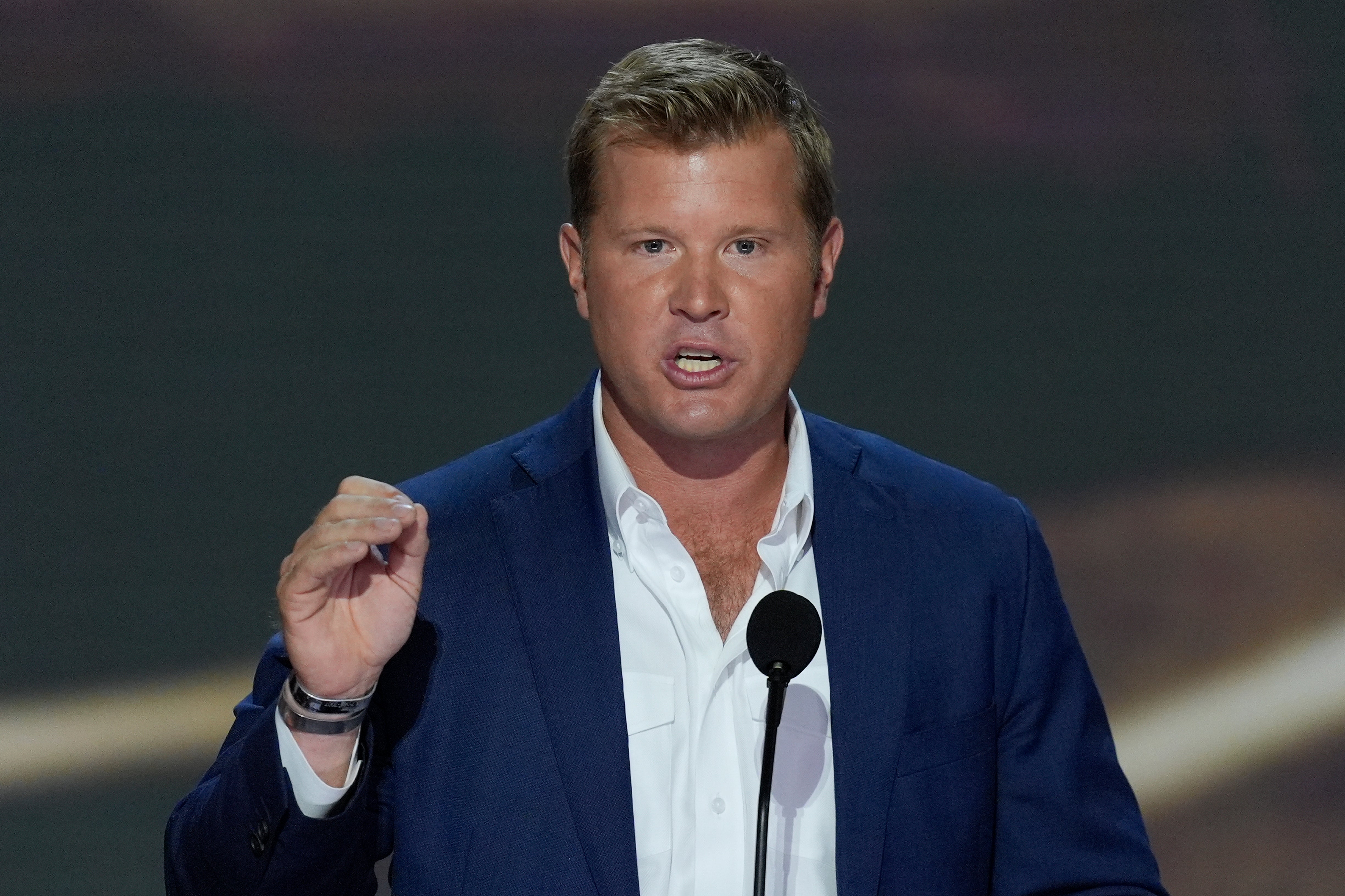 Tim Sheehy speaks during the second day of the Republican National Convention Tuesday, July 16, 2024, in Milwaukee.