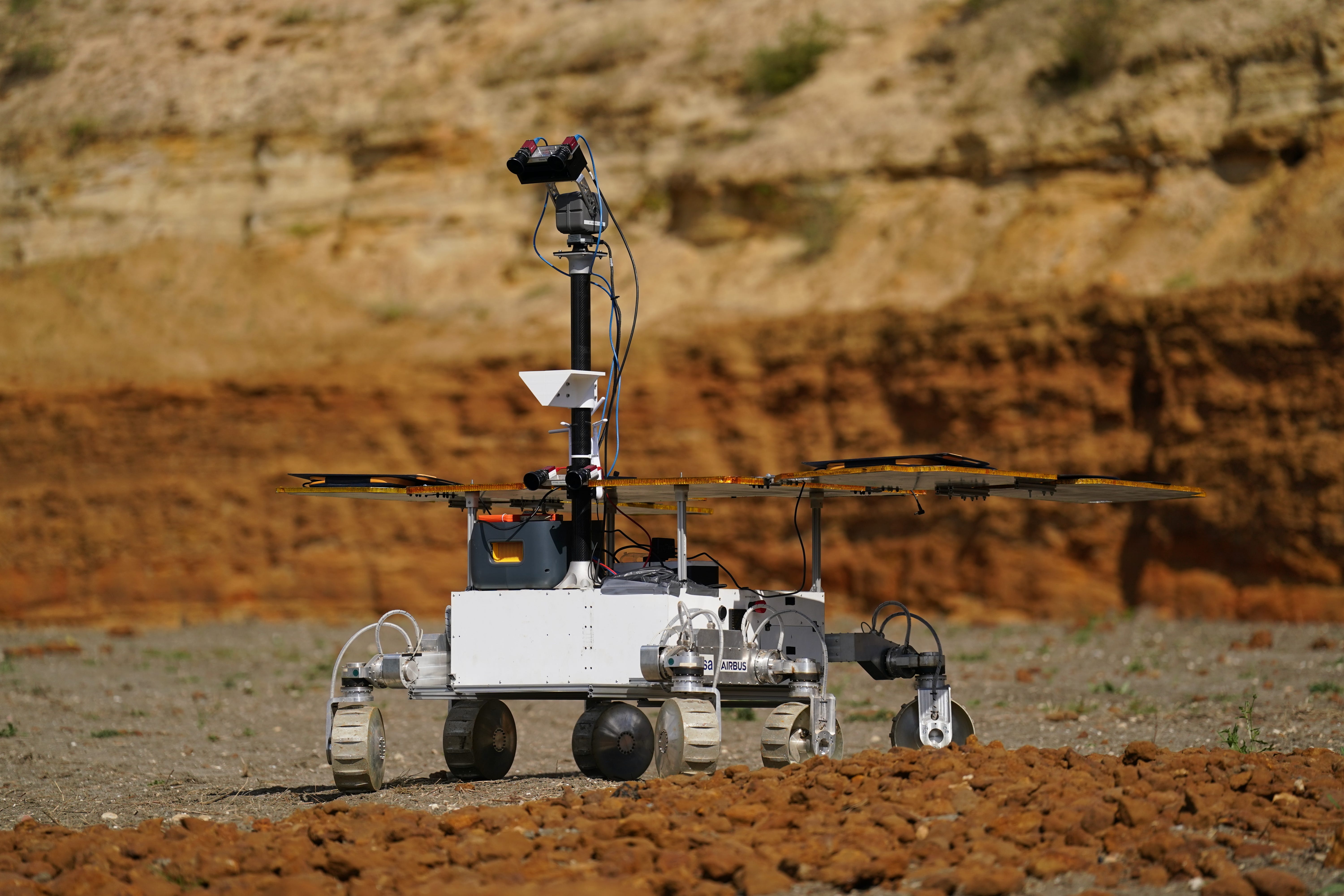 A six-wheeled Mars rover, known as Charlie, being tested at a quarry in Bedfordshire (Joe Giddens/PA)