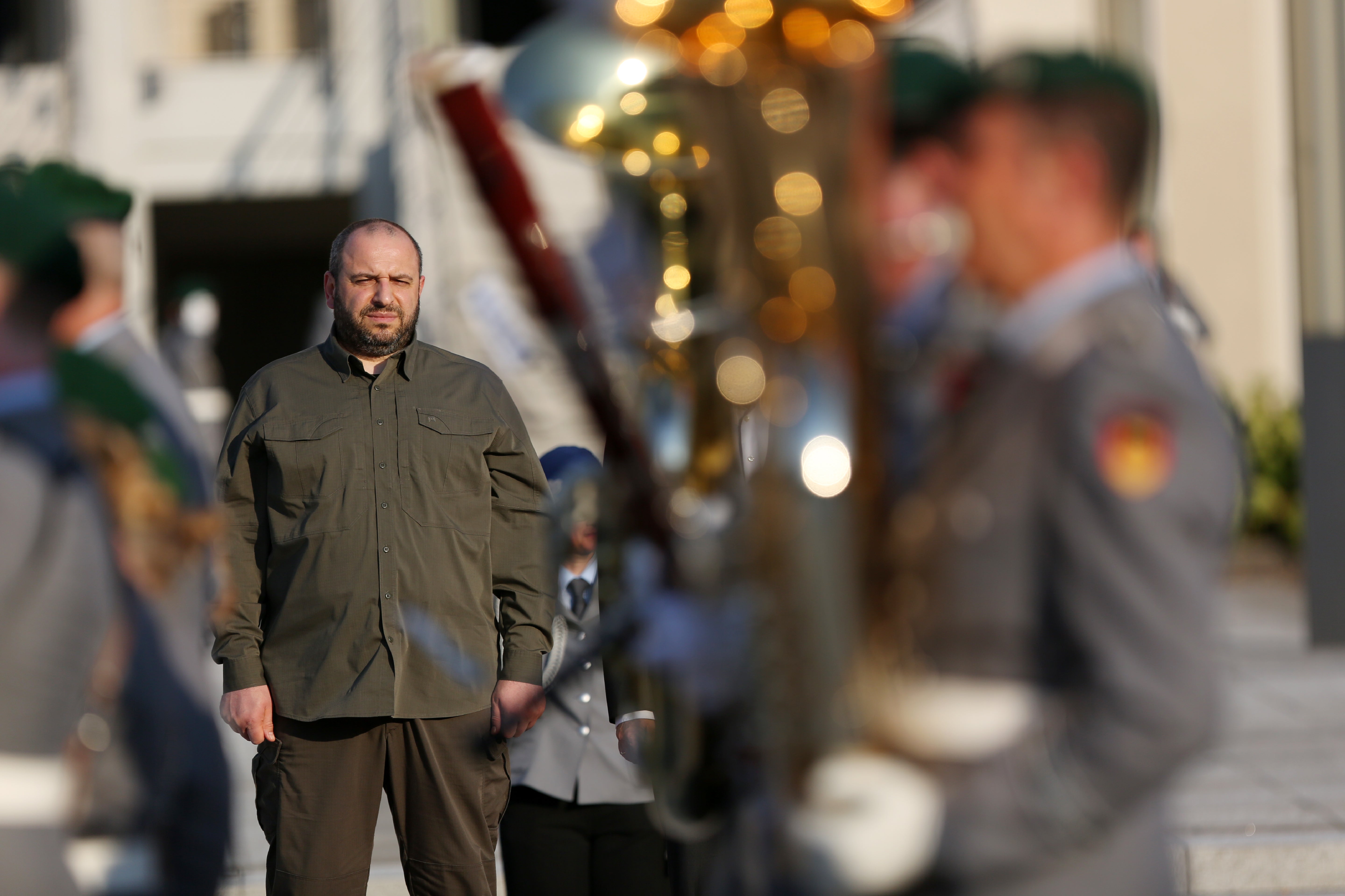 Rustem Umerov watches soldiers of the Bundeswehr, Germany’s armed forces, parade past upon Umerov’s arrival for talks at the Defence Ministry in Berlin