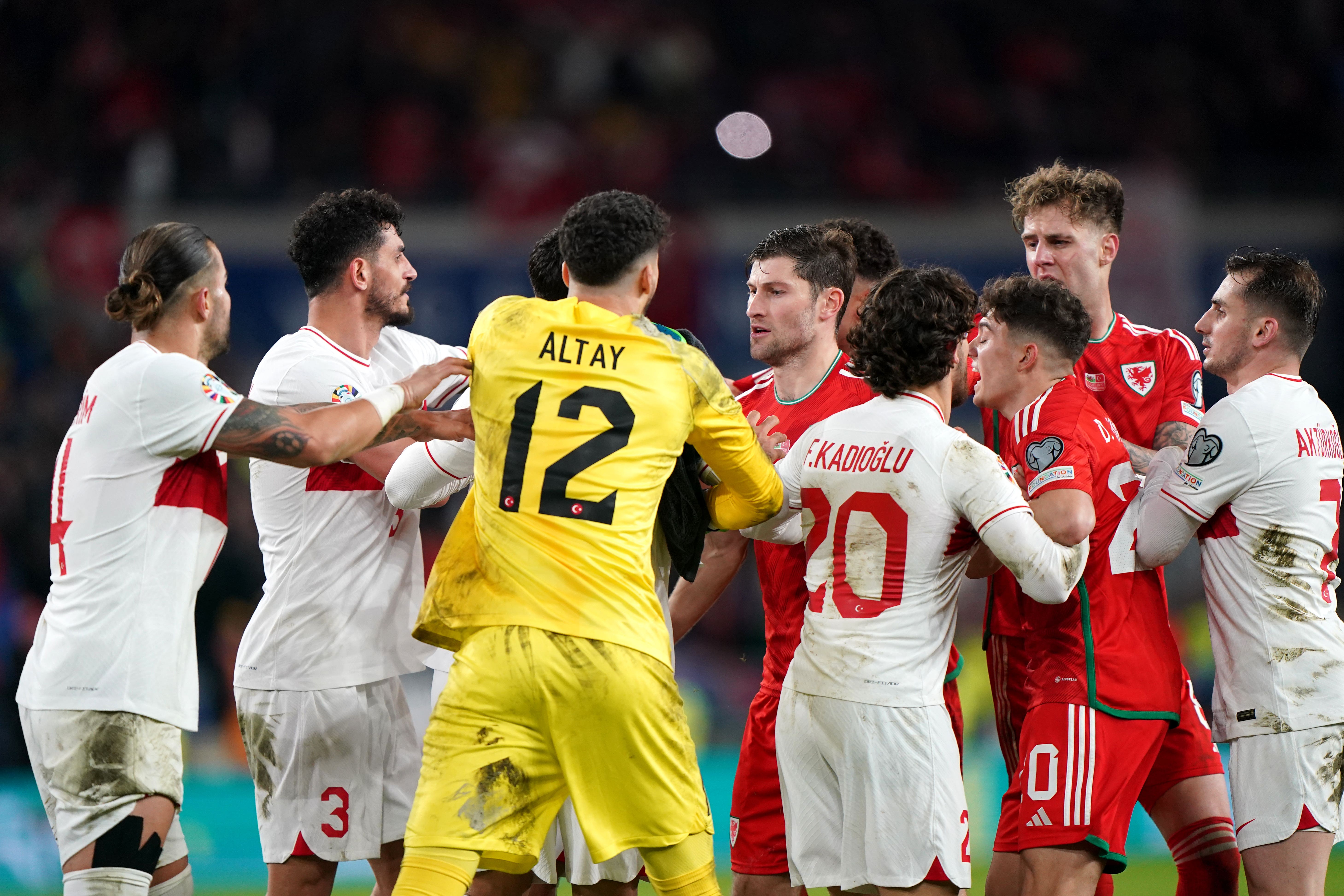 Tempers boiled over during the Euro 2024 qualifier between Wales and Turkey in Cardiff last November (Joe Giddens/PA)