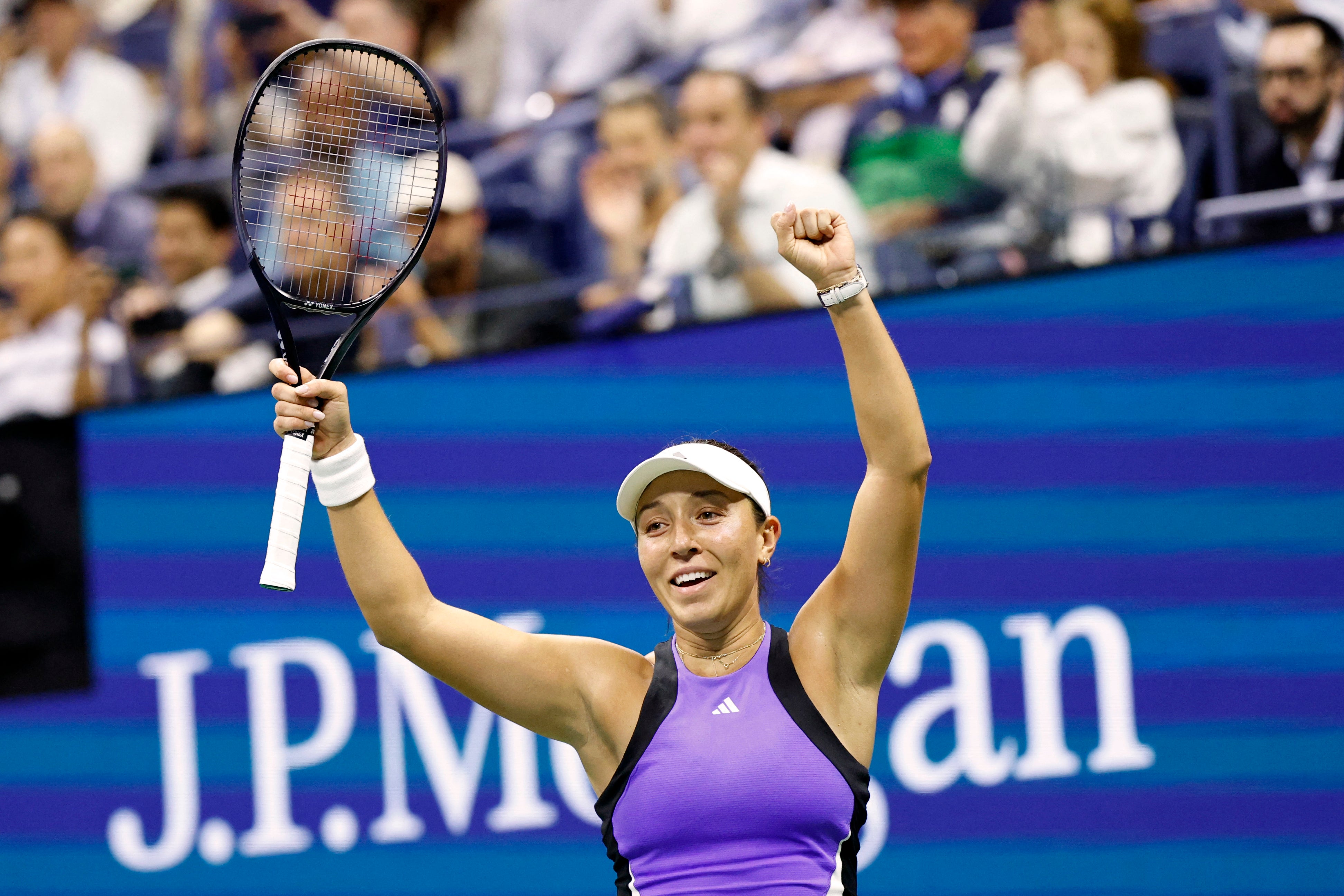 American Jessica Pegula celebrates her victory over Poland's Iga Swiatek at the end of their women's quarterfinal match on day ten of the US Open tennis tournament at the USTA Billie Jean King National Tennis Center in New York City, September 4, 2024. (Photo by KENA BETANCUR / AFP) (Photo by KENA BETANCUR/AFP via Getty Images)