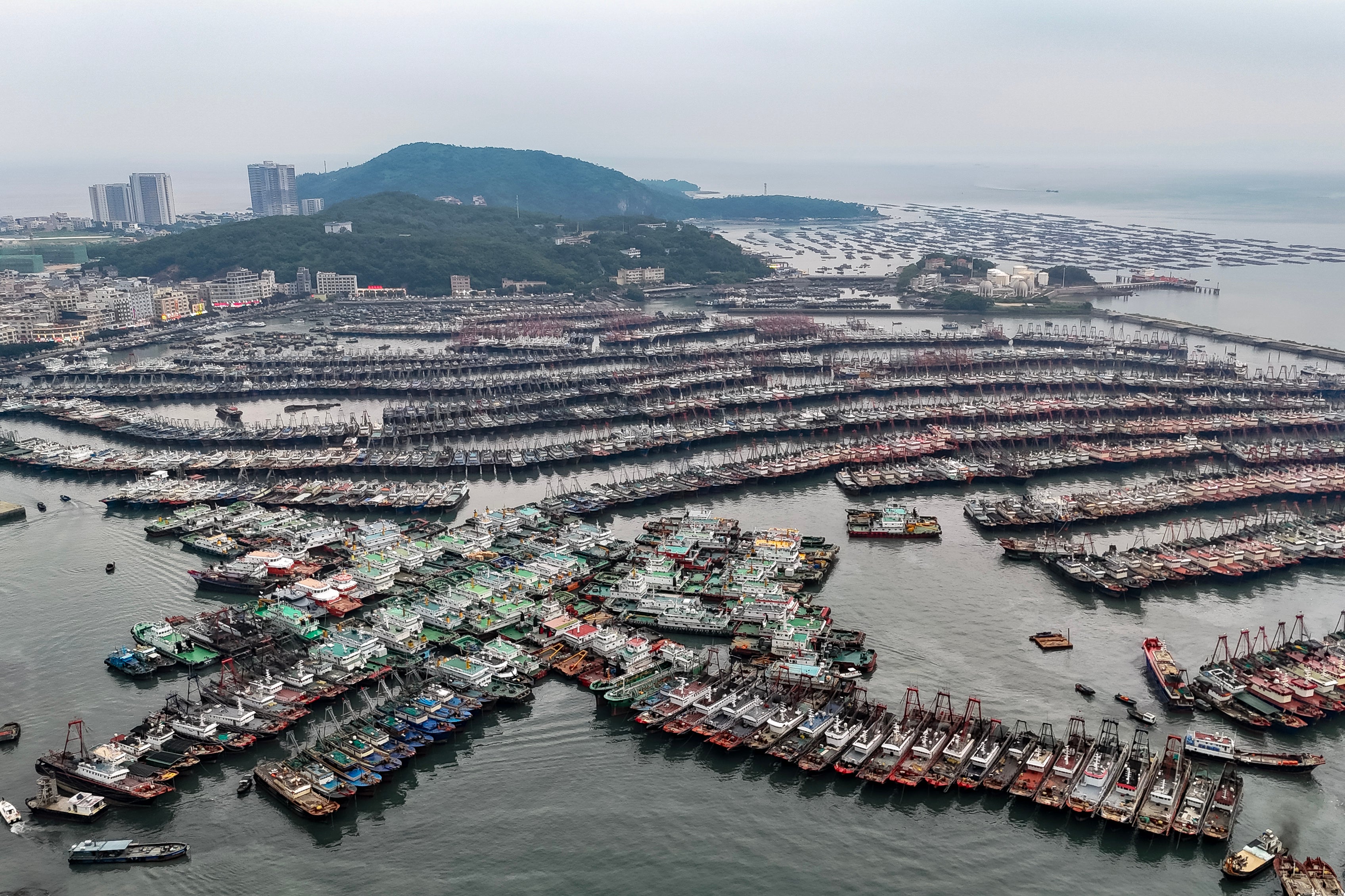 Aerial view of boats moored at Zhapo National Central Fishing Port to take shelter from Typhoon Yagi in Yangjiang, Guangdong Province of China