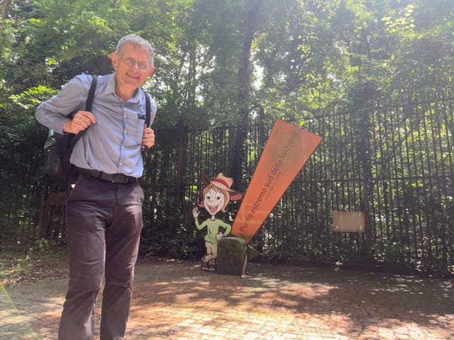 <p>Northbound: Simon Calder at the southernmost point in Switzerland</p>