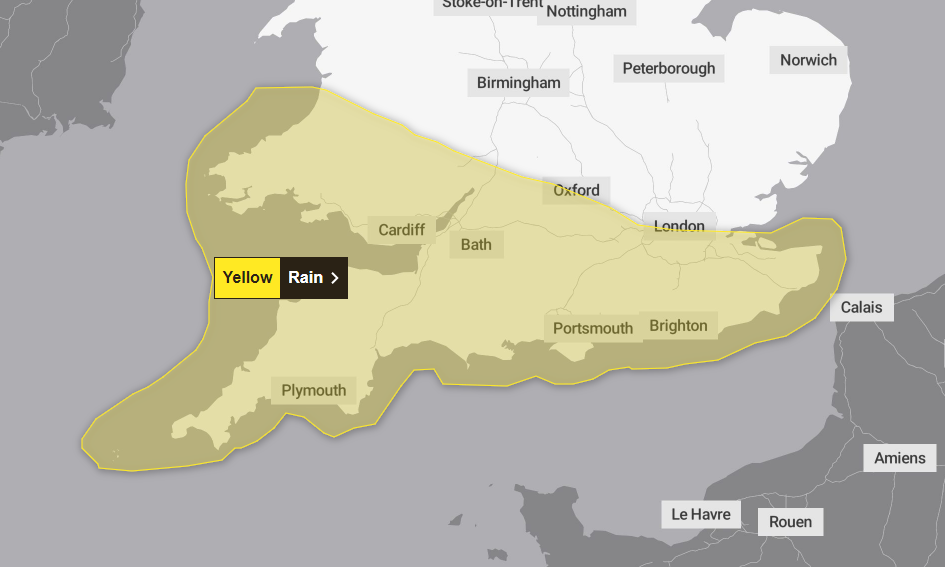 The weather warning for Thursday covers South Wales and most of southern England