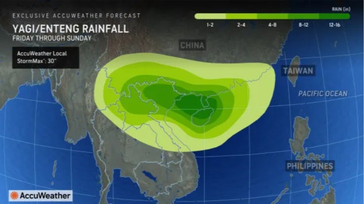 Rainfall forecast from AccuWeather shows Yagi is expected to bring up to 16 inches (400 mm) of rain, with some areas possibly receiving as much as 30 inches (760 mm), across southern China, Hainan Island, northern Vietnam, northern Laos, and northern Thailand between Friday and Sunday