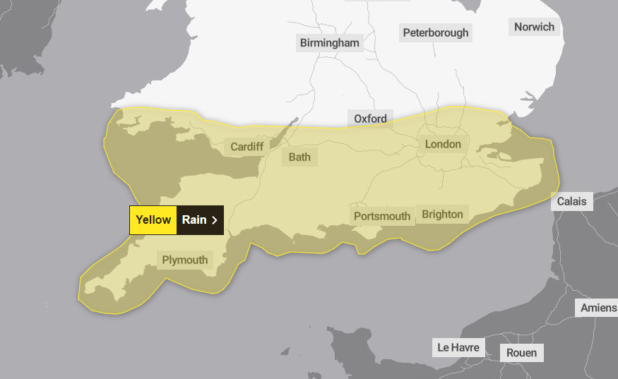 The yellow weather warning area for Friday has shifted slightly south and east