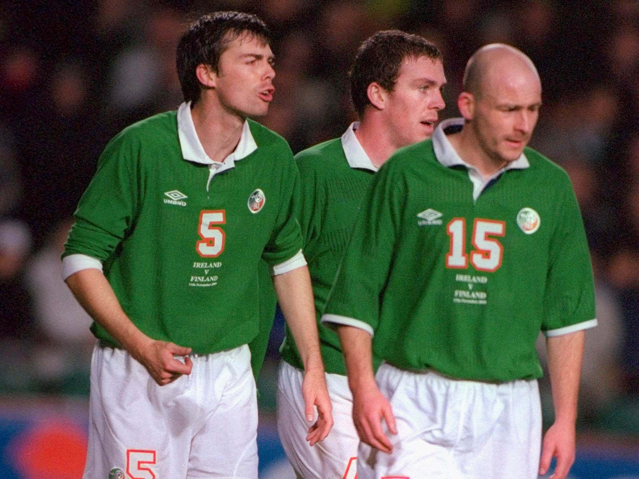 Gary Breen (left) and Lee Carsley playing together for Ireland against Finland at Lansdowne Road in 2000