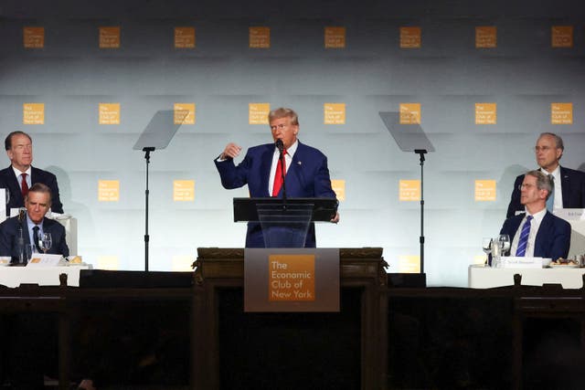 <p>Donald Trump speaks at the Economic Club of New York on September 5, announcing plans for Elon Musk to lead a government task force to implement spending cuts</p>