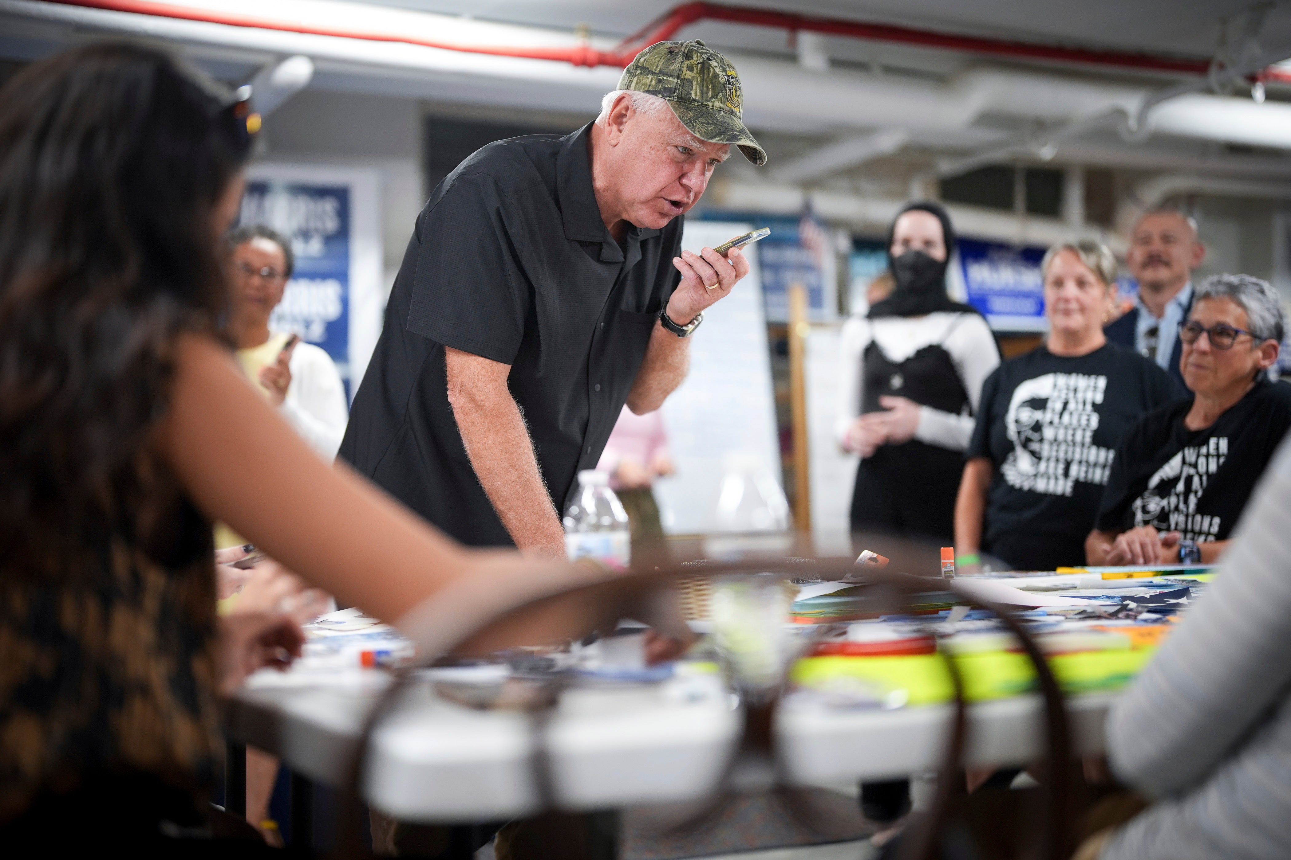 Democratic vice presidential nominee Minnesota Gov. Tim Walz stops by the Lancaster County democrats headquarters on the second stop of his barnstorming tour, Wednesday, Sept. 4, 2024 Lancaster, Pennsylvania.