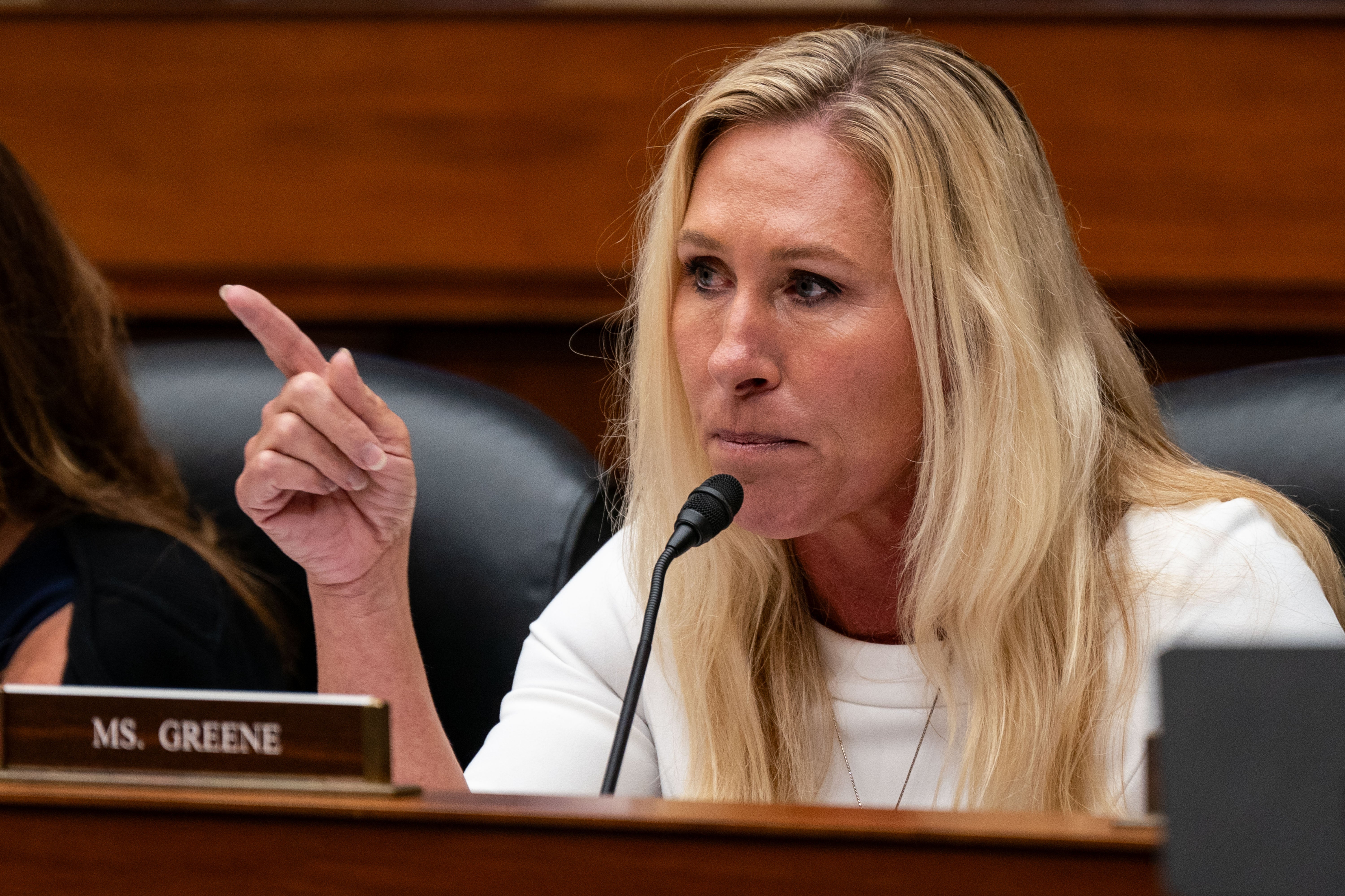 Rep. Marjorie Taylor Greene (R-GA) gestures while speaking during a hearing in Washington, DC. Now, Greene is facing criticism for her response to the school shooting in her home state