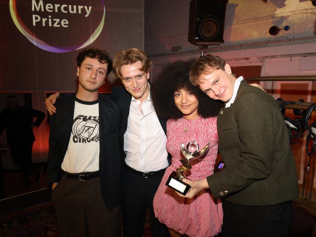 <p>Left to right: Lewis Whiting, Nicholas Eden, Lily Fontaine and Douglas Frost of English Teacher with their 2024 Mercury Prize</p>