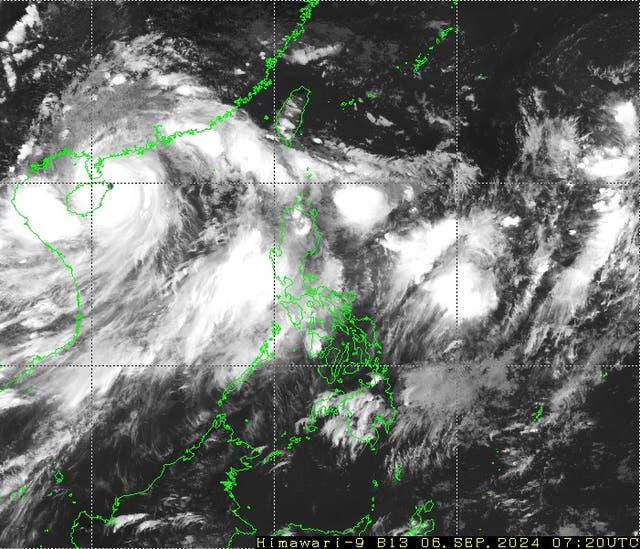 <p>Infrared image from Japan’s Himawari-9 satelite shows the eye of Super Typhoon Yagi over the northern tip of Hainan island as it continues to churn westward</p>