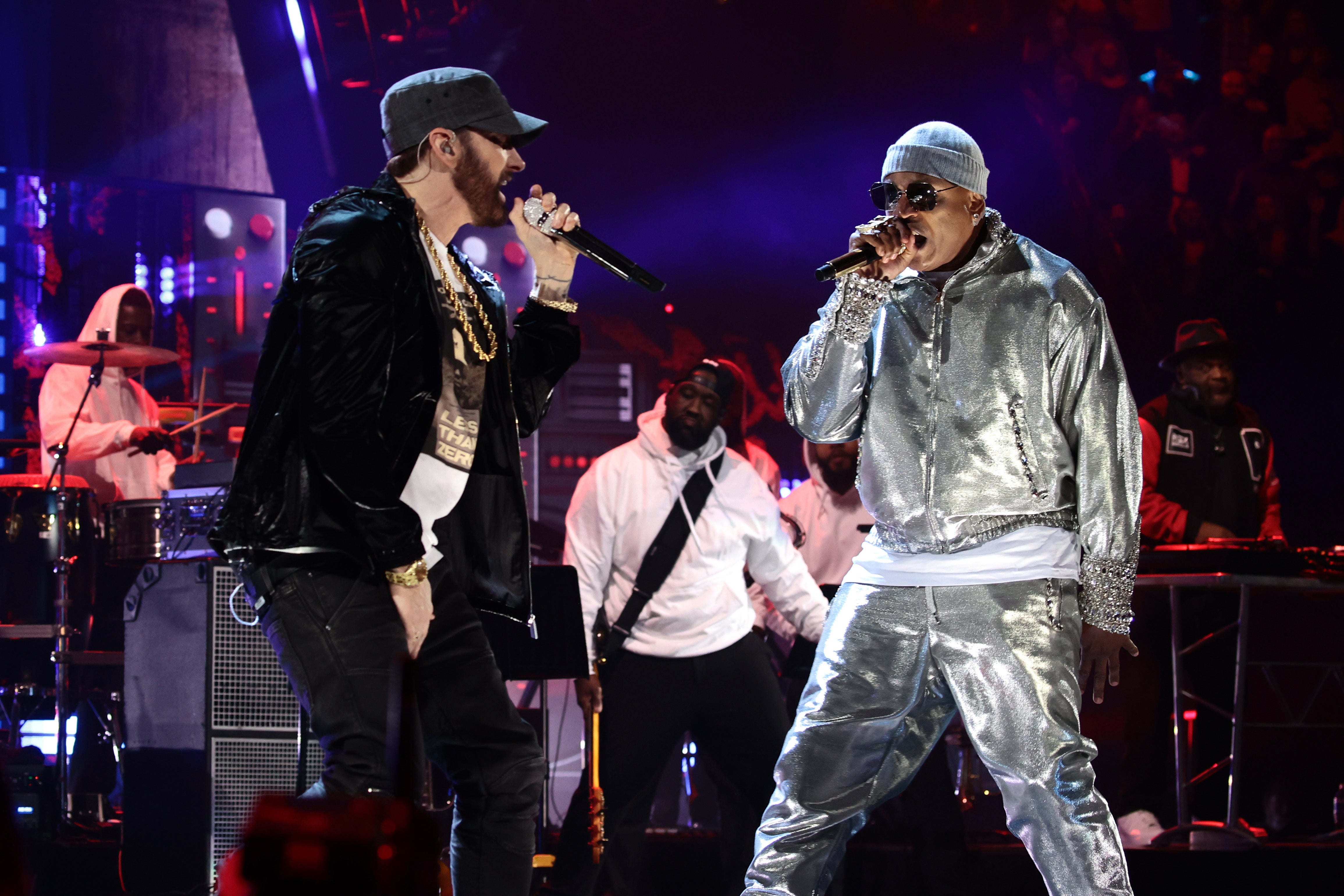 Eminem and LL Cool J perform onstage at the 36th Annual Rock and Roll Hall Of Fame induction ceremony in Cleveland, Ohio in 2021