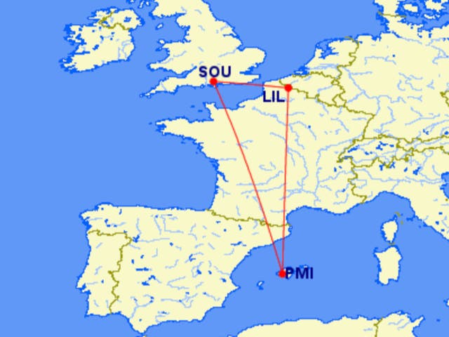 <p>Long way round: EasyJet passengers from Southanpton (SOU) made the short hop to Lille (LIL) to pick up fuel before flying to Palma (PMI)</p>