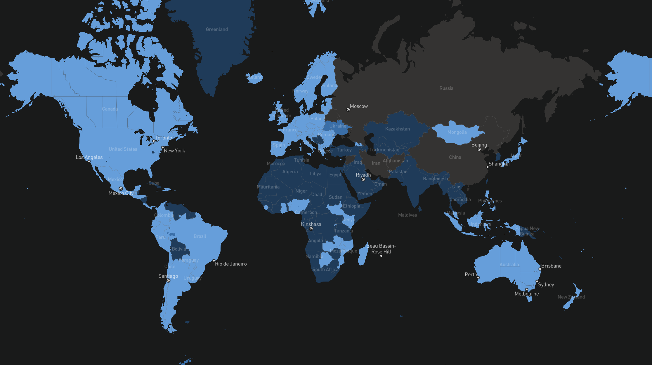 Countries where Starlink operates (light blue) and where it plans to launch (dark blue), as of 6 September 2024