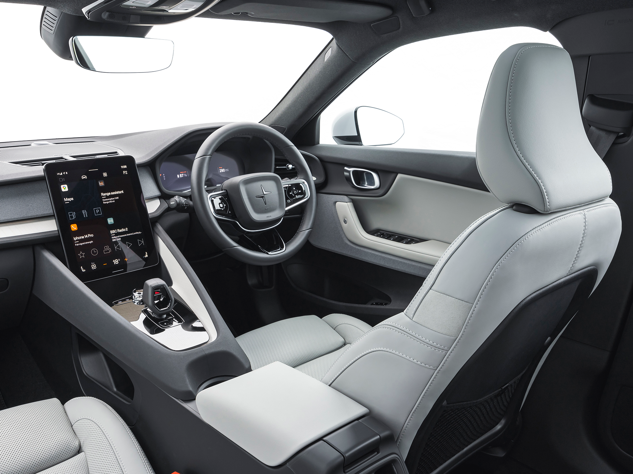 The Polestar 2’s interior is devoid of physical controls for the cabin temperature and most vehicle settings