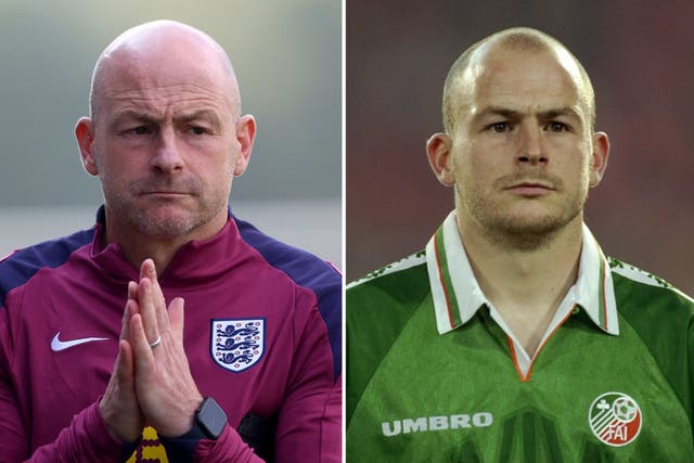 <p>Lee Carsley on England duty this week (left) and representing Ireland in 1997</p>