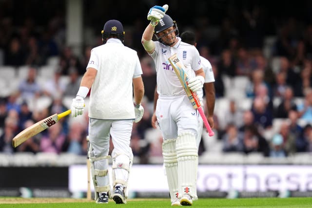 Ollie Pope celebrates his half-century at The Oval (John Walton/PA)