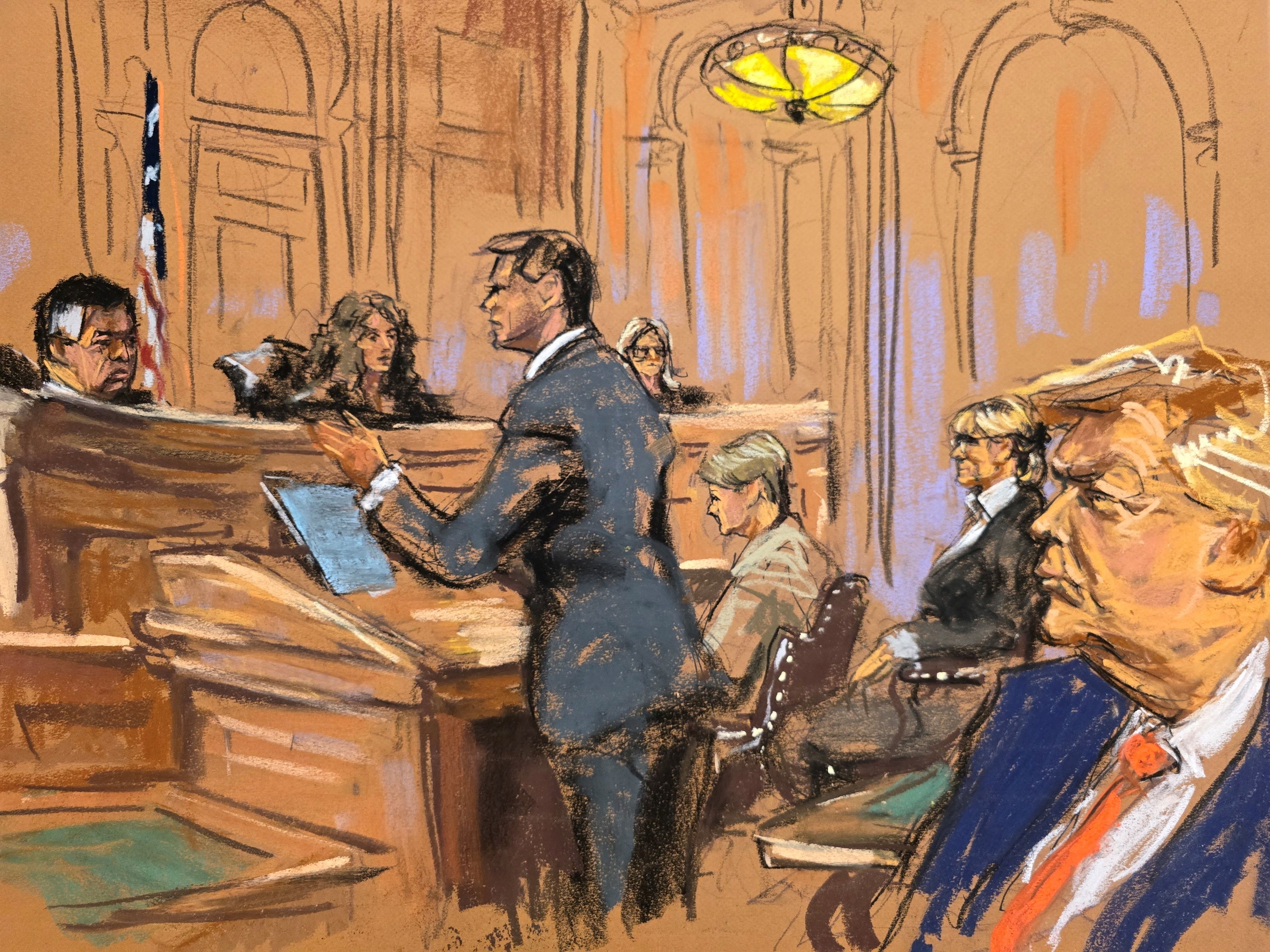 A courtroom sketch shows Donald Trump (far right), E Jean Carroll (second from right), attorney Roberta Kaplan (center right) and Trump lawyer John Sauer (center left) at the Second Circuit Appeals Court on Friday