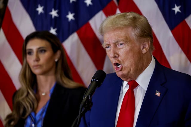 <p>Donald Trump angrily rants during a ‘press conference’ on Friday after appearing in federal court to hear his lawyers argue an appeal on the $5m E Jean Carroll verdict </p>